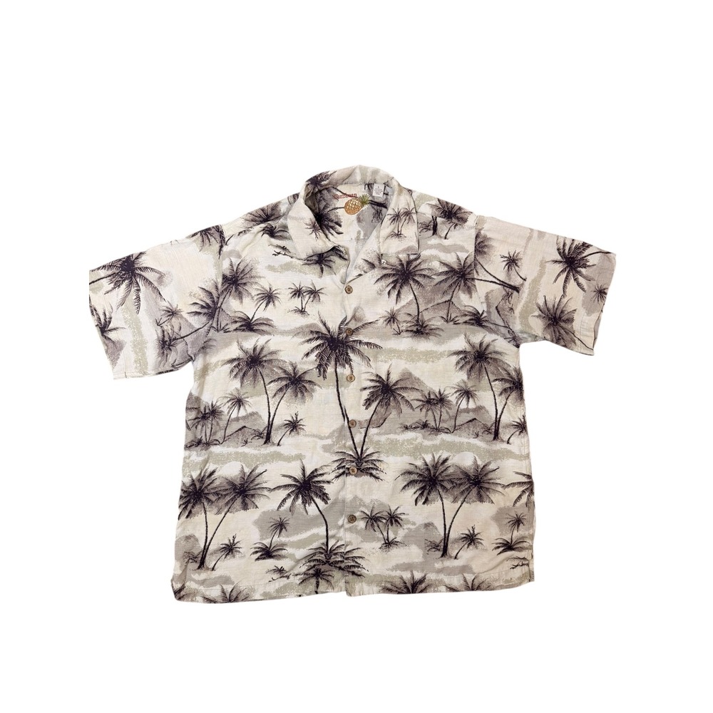 Caribbean Mens Silk Rayon Palm Tree Camp Shirt Large Beige Brown Short Sleeve